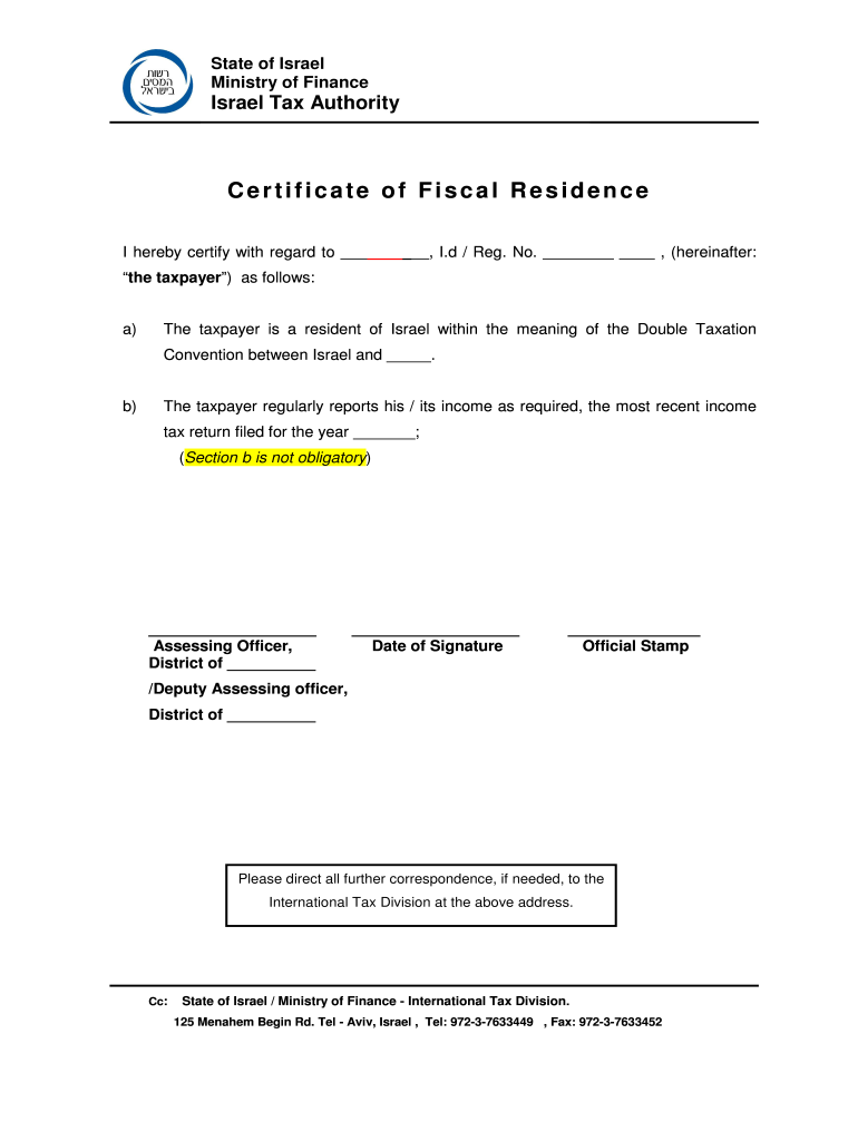 Certificate of Fiscal Residence Israel  Form