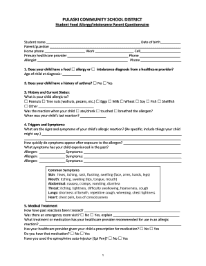 Allergy Questionnaire for Parents Form