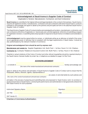 Acknowledgment of Saudi Aramcos Supplier Code of Conduct  Form