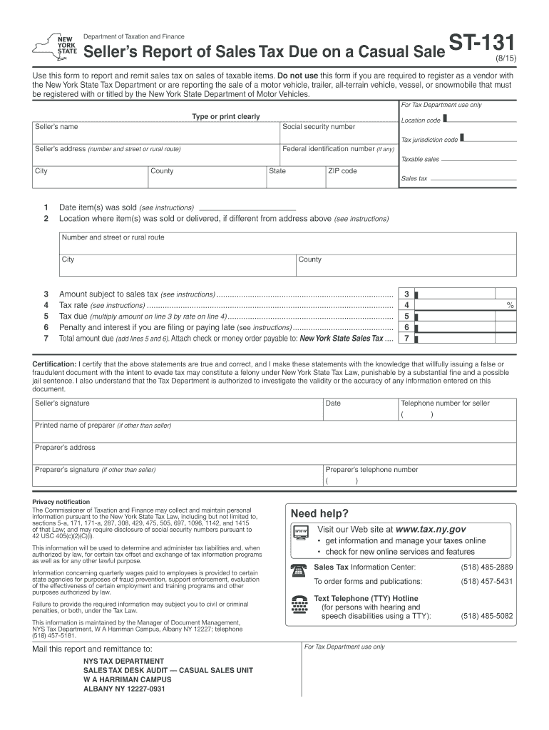  Form ST 131815 Sellers Report of Sales Tax Due on a Casual 2015