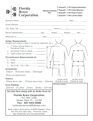 Jewett Brace Measurements  Form