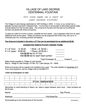 Shepard Park Brick Paver Order Form Village of Lake George