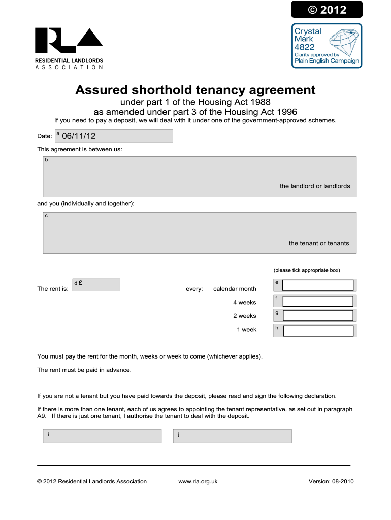Assured Shorthold Tenancy Agreement Secure Guaranteed Rent  Form