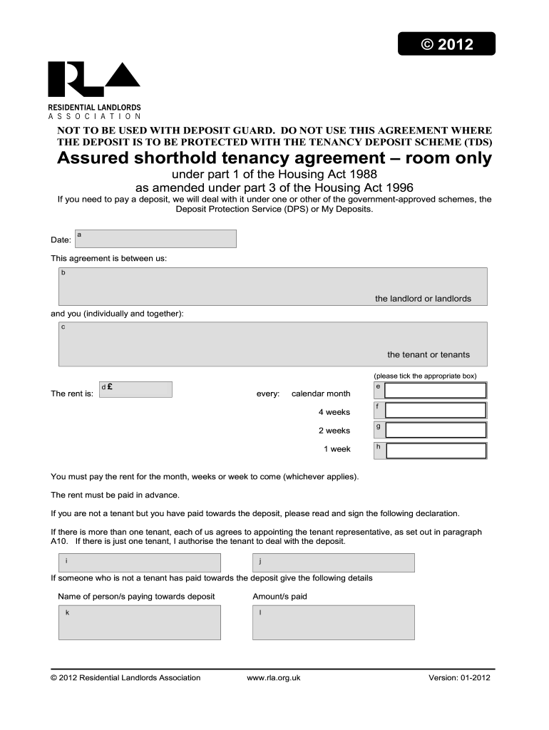 Assured Shorthold Tenancy Agreement Room Only  Form