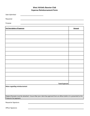 West Athletic Booster Club Expense Reimbursement Form