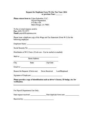 Request for Duplicate W2 Cajun Industries LLC  Form