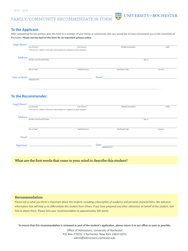  University of Rochester Family Community Recommendation Form 2015-2024