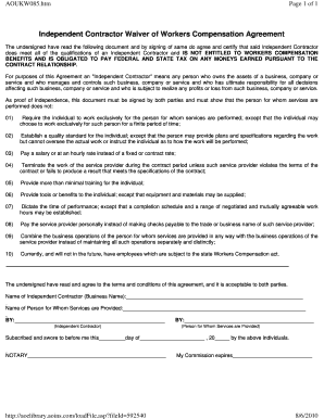 Independent Contractor Waiver of Workers Compensation Agreement  Form