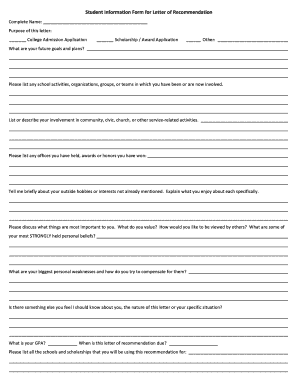 Student Information Form for Letter of Recommendation Boylan