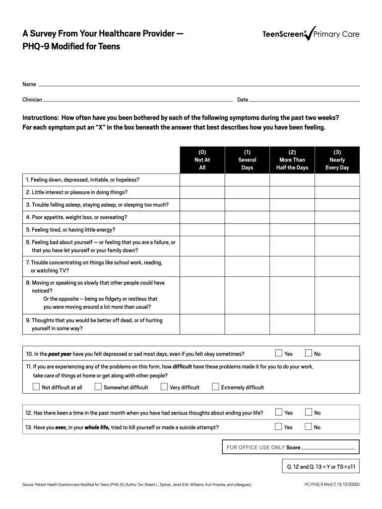 Phq 9 Modified for Teens Autoscore  Form