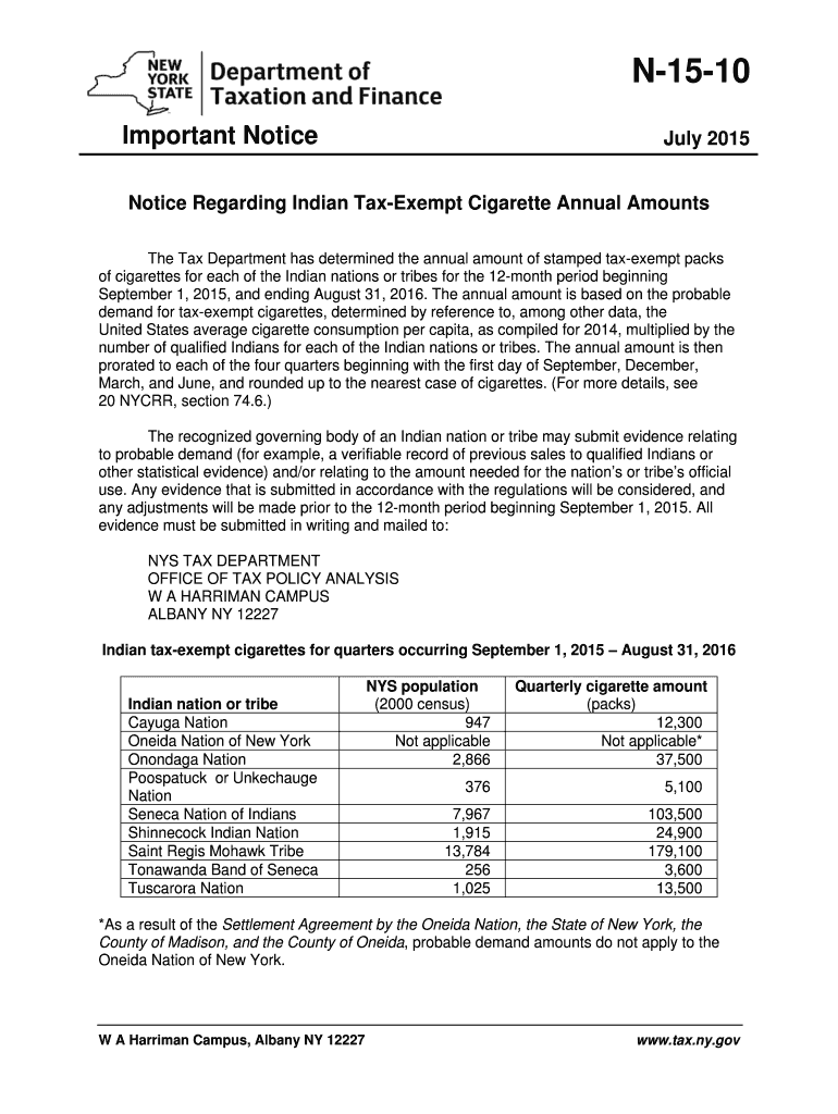 N 15 10715Notice Regarding Indian Tax Exempt  Form