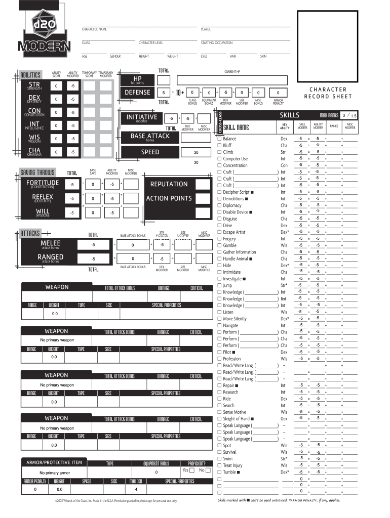 D20 Modern Character Sheet  Form