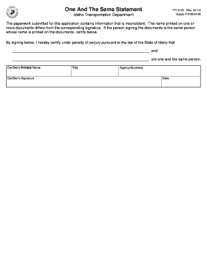 Idaho DMV One and the Same Statement ITD3125 Idaho DMV One and the Same Statement ITD3125 Itd Idaho  Form