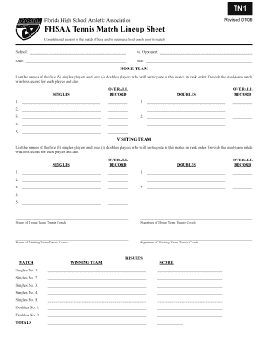 Fhsaa Tennis Match Lineup Sheet  Form