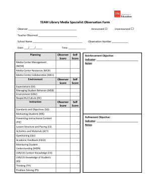TEAM Library Media Specialist Observation Form TEAM TN
