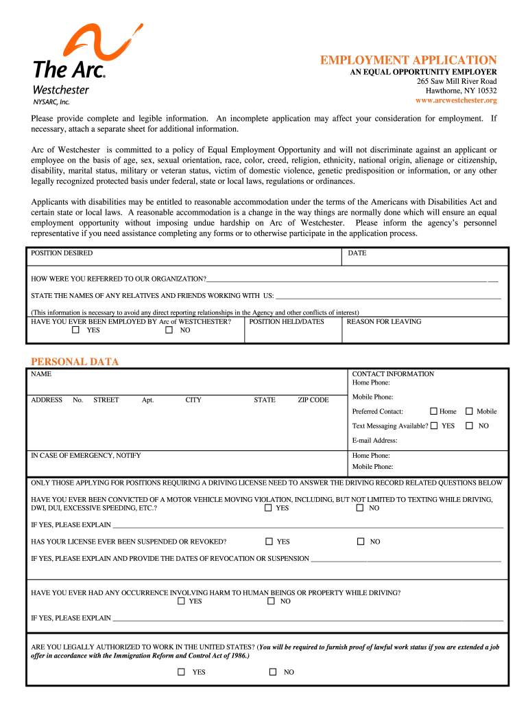 Download Employment Application  Arc of Westchester  Westchesterarc  Form