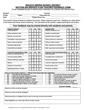 NUSD 504 Teacher Feedbackpdf Novato Unified School District  Form