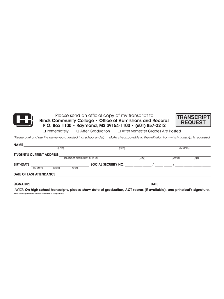 Hinds Community College Transcript  Form