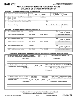  Application for Benefits for under Age 18 Children of Disabled Contributor SC ISP 1152E Servicecanada Gc 2015-2024