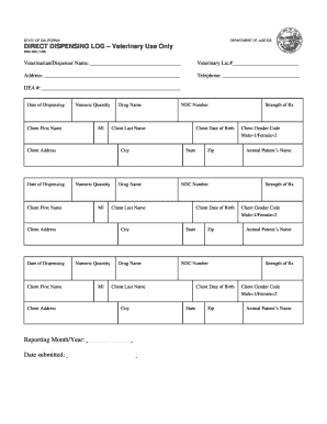 BNE 060 DIRECT DISPENSING LOG Veterinary Use Only BNE 060 DIRECT DISPENSING LOG Veterinary Use Only Ag Ca  Form