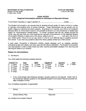 Legal Notice Required Immunization for Admission to Wisconsin Schools F 44001  Form