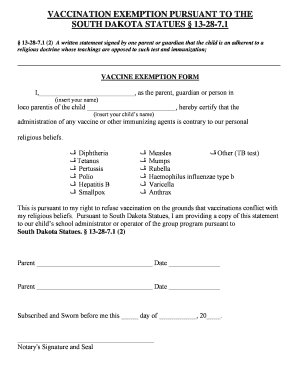 South Dakota Religious Exemption Form