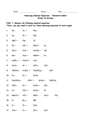 Balancing Chemical Equations Worksheet Grade 10 Answer Key  Form