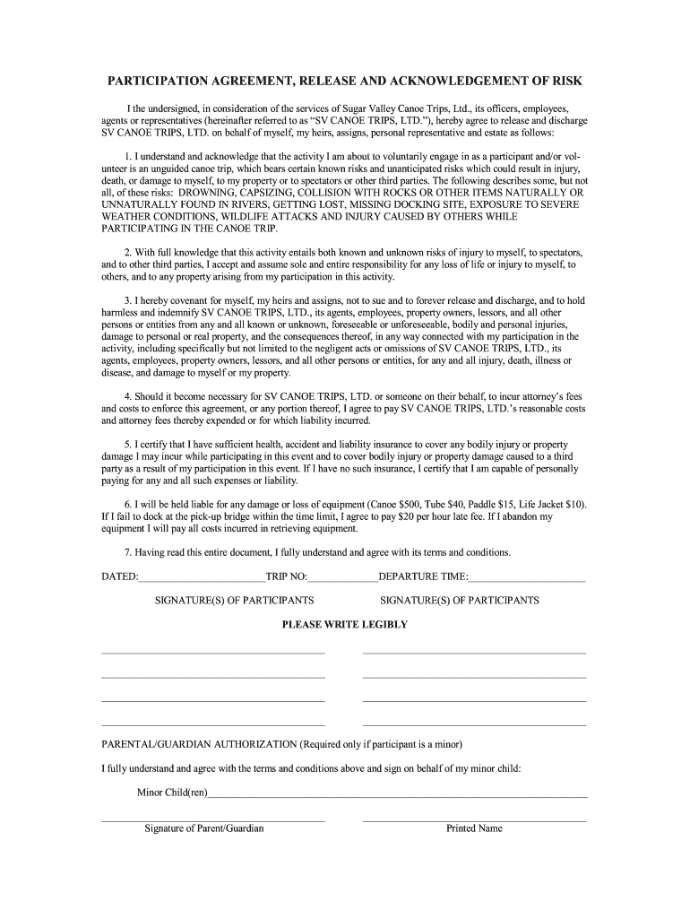  Liability Waiver Sugar Valley Canoe Trips 2007