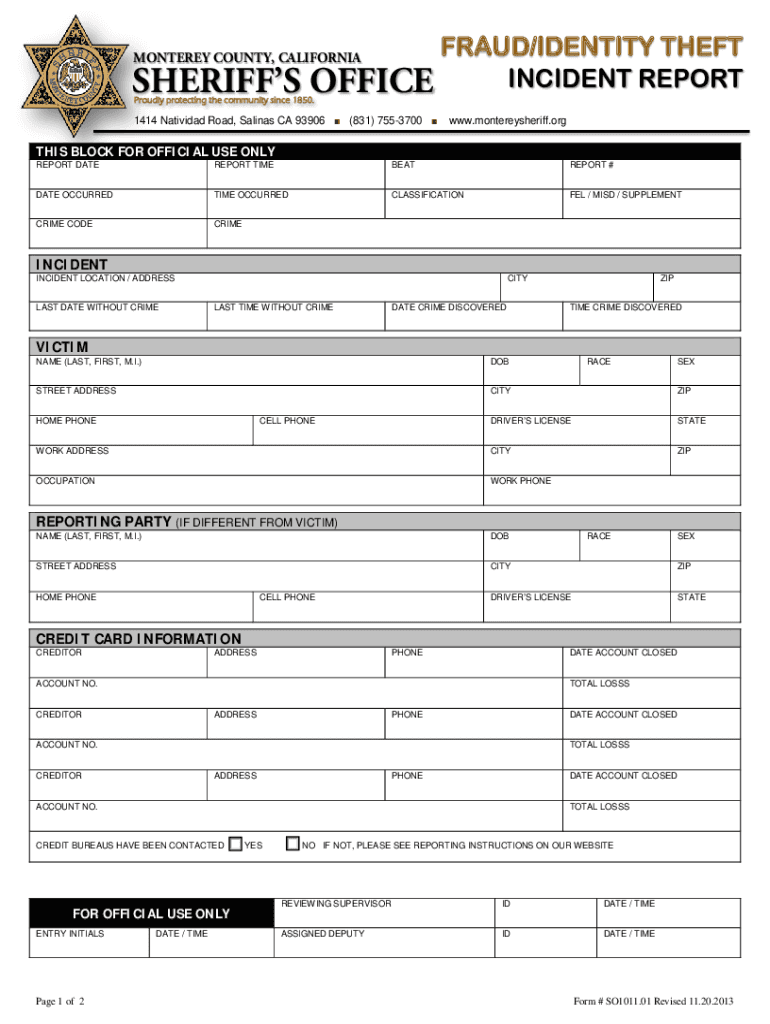 Fraud or Identity Theft Incident Report  Form