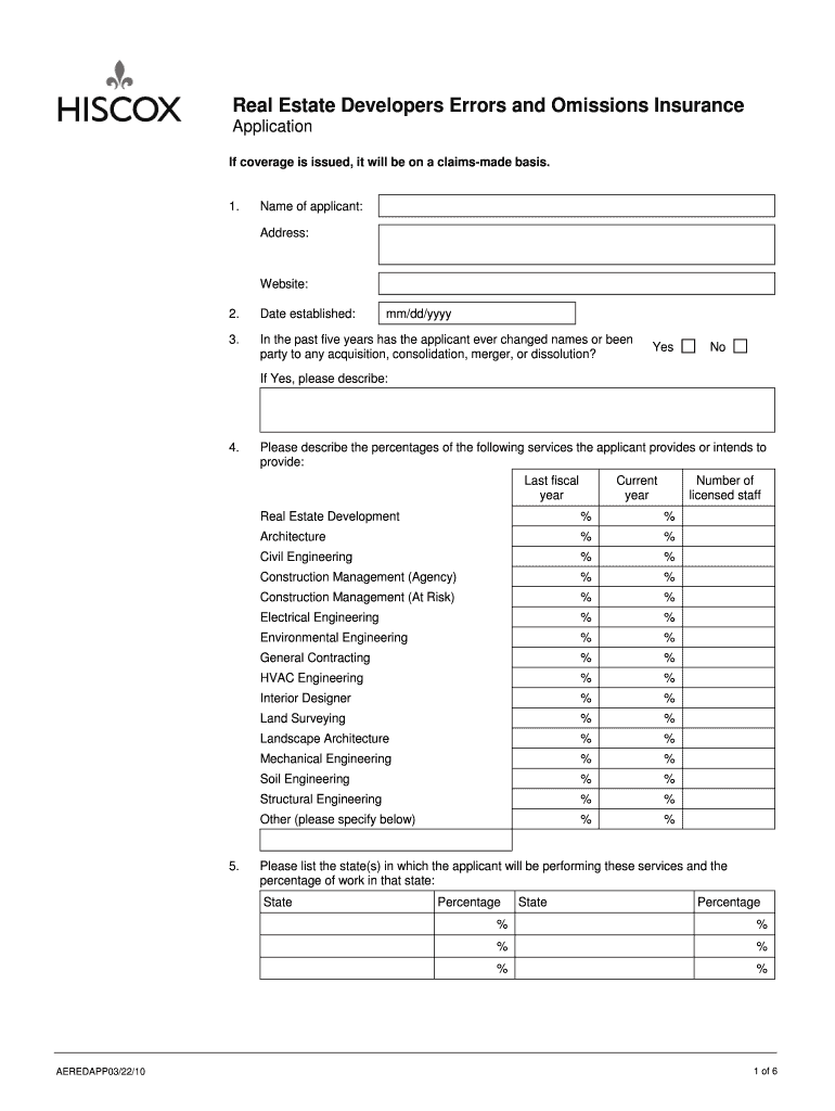  New Hiscox E O Real Estate Application 2010-2024