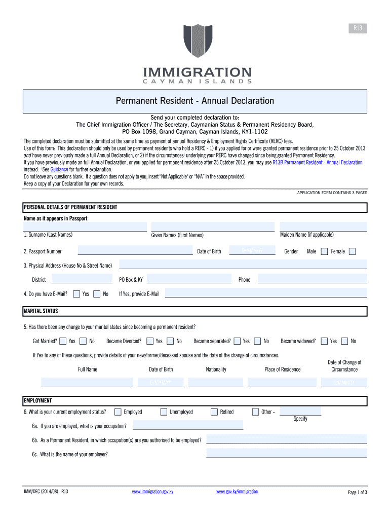 Permanent Resident Annual Declaration BFormb Cayman Islands Bb