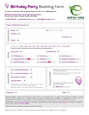 Party Booking Form Template