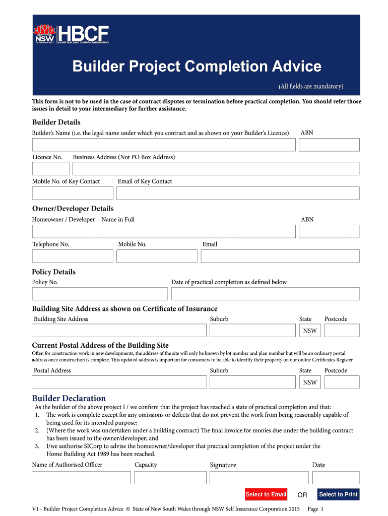 Builder Project Completion Advice Form