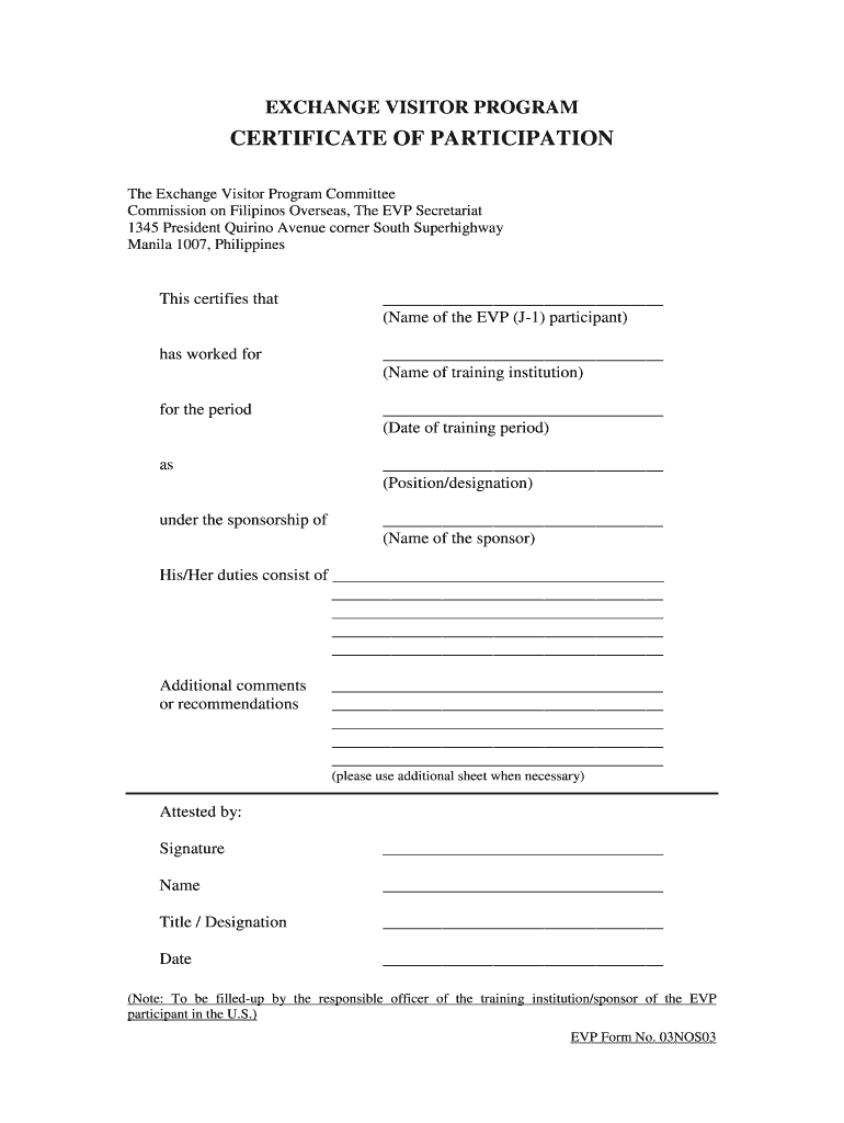 Certificate of Participation Exchange Visitor Program Evpcommittee  Form