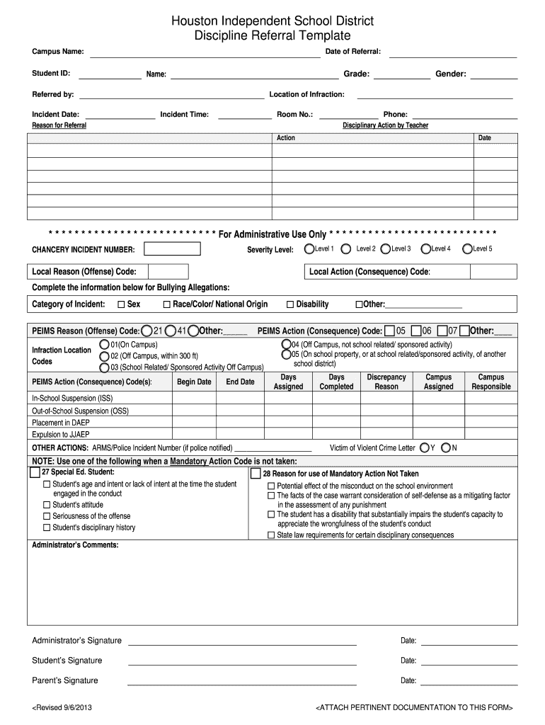 Houston Isd Student Discipline Referral  Form