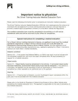 Driver Training Instructor Medical Evaluation DTC109  Form