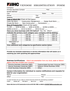 Vendor Registration Form for Construction Company