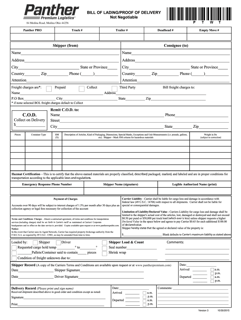 Panther Bill of Lading Template  Form