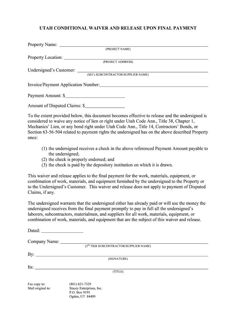 Lien Waiver Form Utah