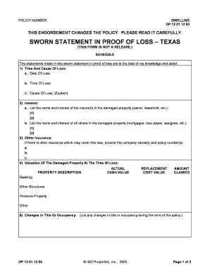 Sworn Statement in Proof of Loss  Form