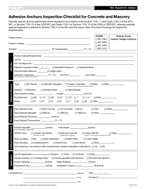 Adhesive Anchors Inspection Checklist for Concrete and Bb Hilti  Form