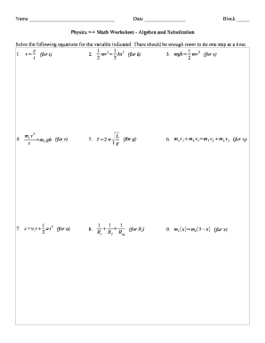 Physics Math Worksheet Algebra and Substitution Answer Key  Form
