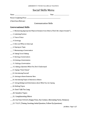 Jed Baker Social Skills Menu  Form