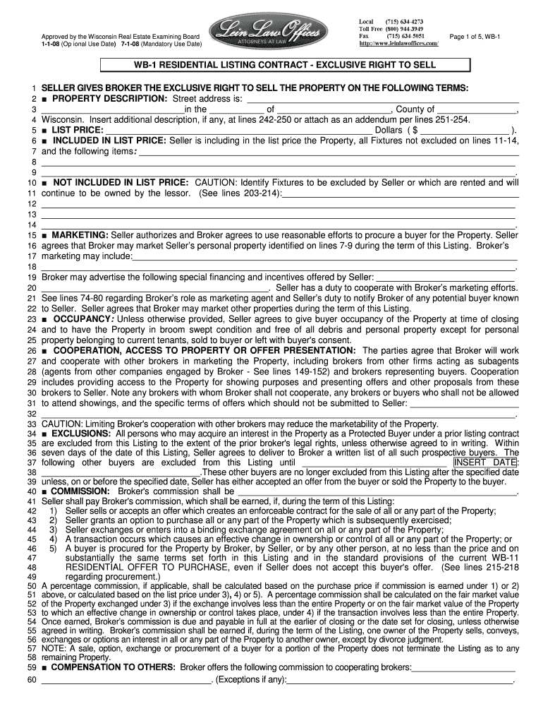  WB 1 RESIDENTIAL LISTING CONTRACT  EXCLUSIVE RIGHT to 2008