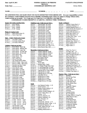 Ohio Prison Commissary List  Form