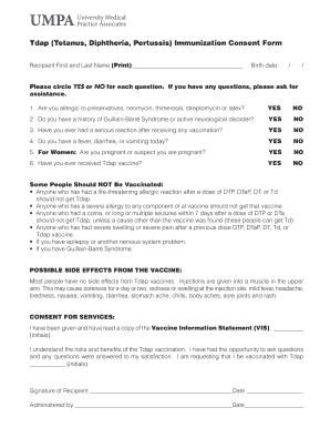 Tdap Tetanus, Diphtheria, Pertussis Immunization UMPA  Form