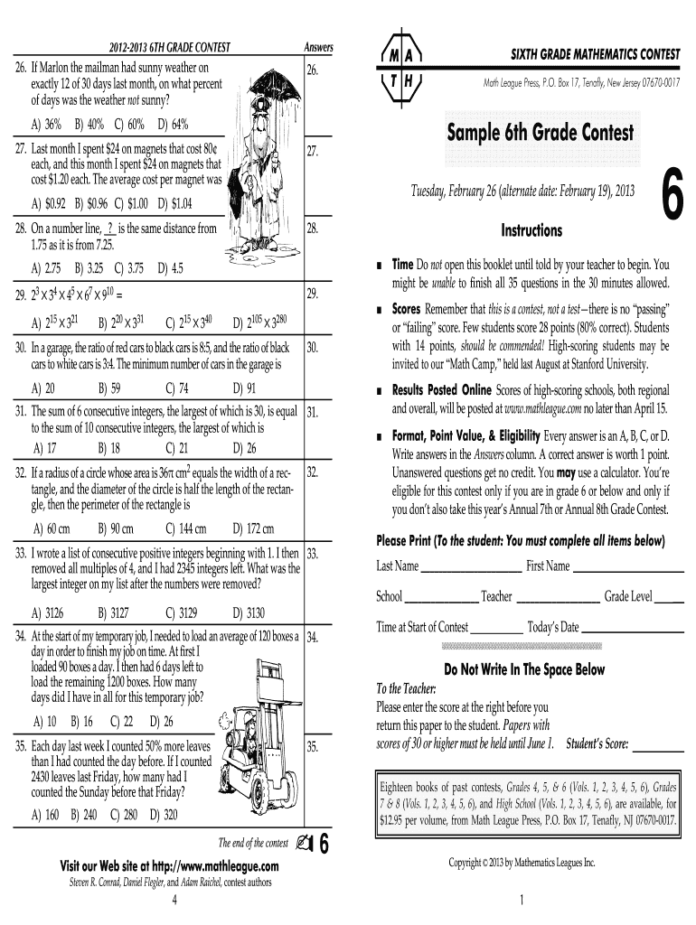 Math League 5th Grade Contest PDF  Form