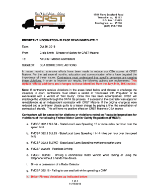 Malone CSA Corrective Action Plan Revised Oct 2013pdf CRST Pay  Form