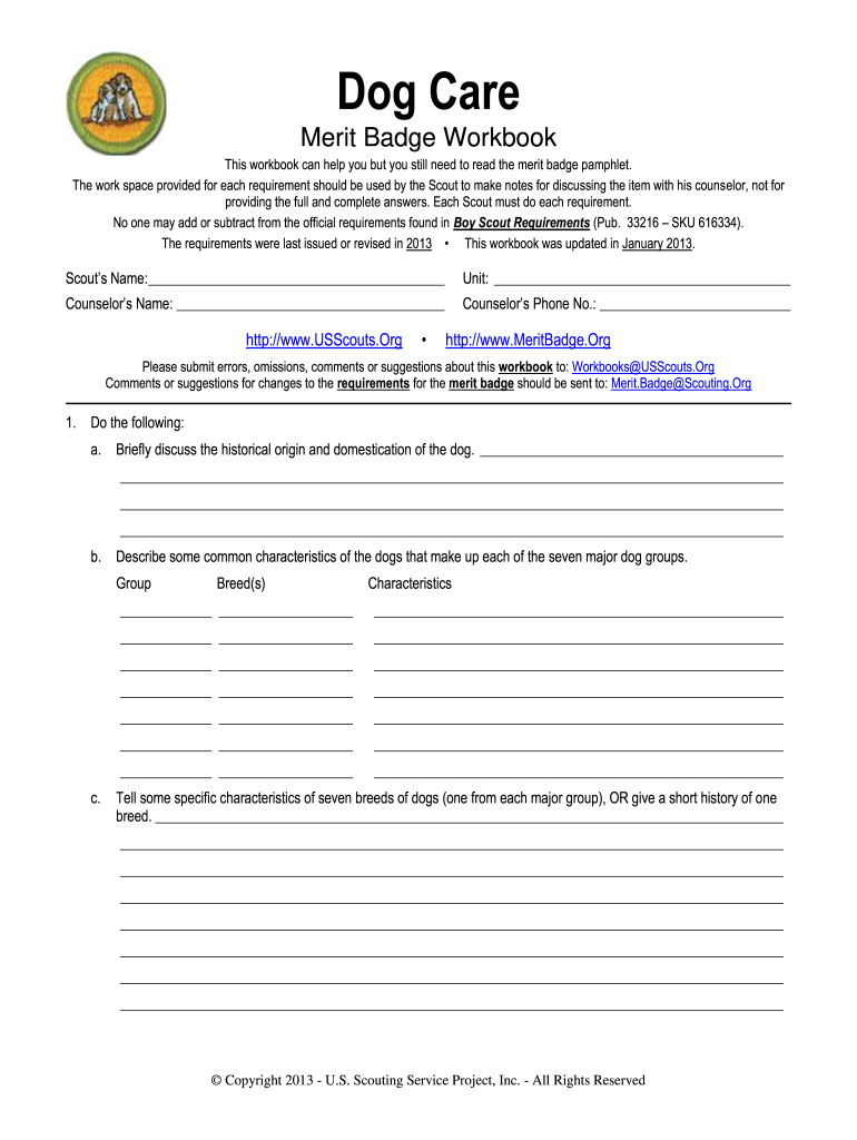 Dog Care Merit Badge Pamphlet PDF  Form