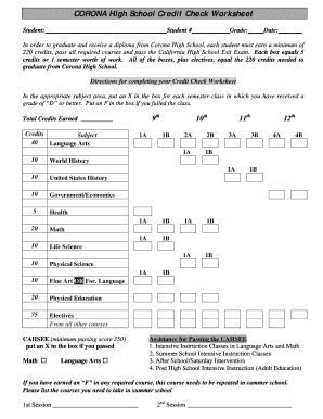 CORONA High School Credit Check Worksheetdoc  Form